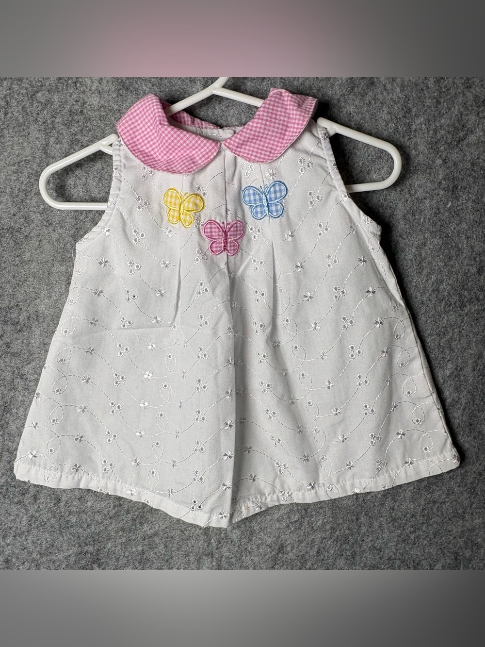 Girls White Eyelet Dress 6-9 Mo with Pink Collar and Butterfly Appliqués Kidgets